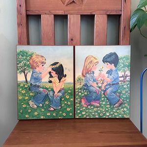 Vintage 1970s W.M. Otto Prints on Wood Flower Child set of 2